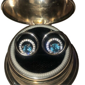 STERLING Blue Topaz & White CZ Halo Circles Stud Earrings 15mm